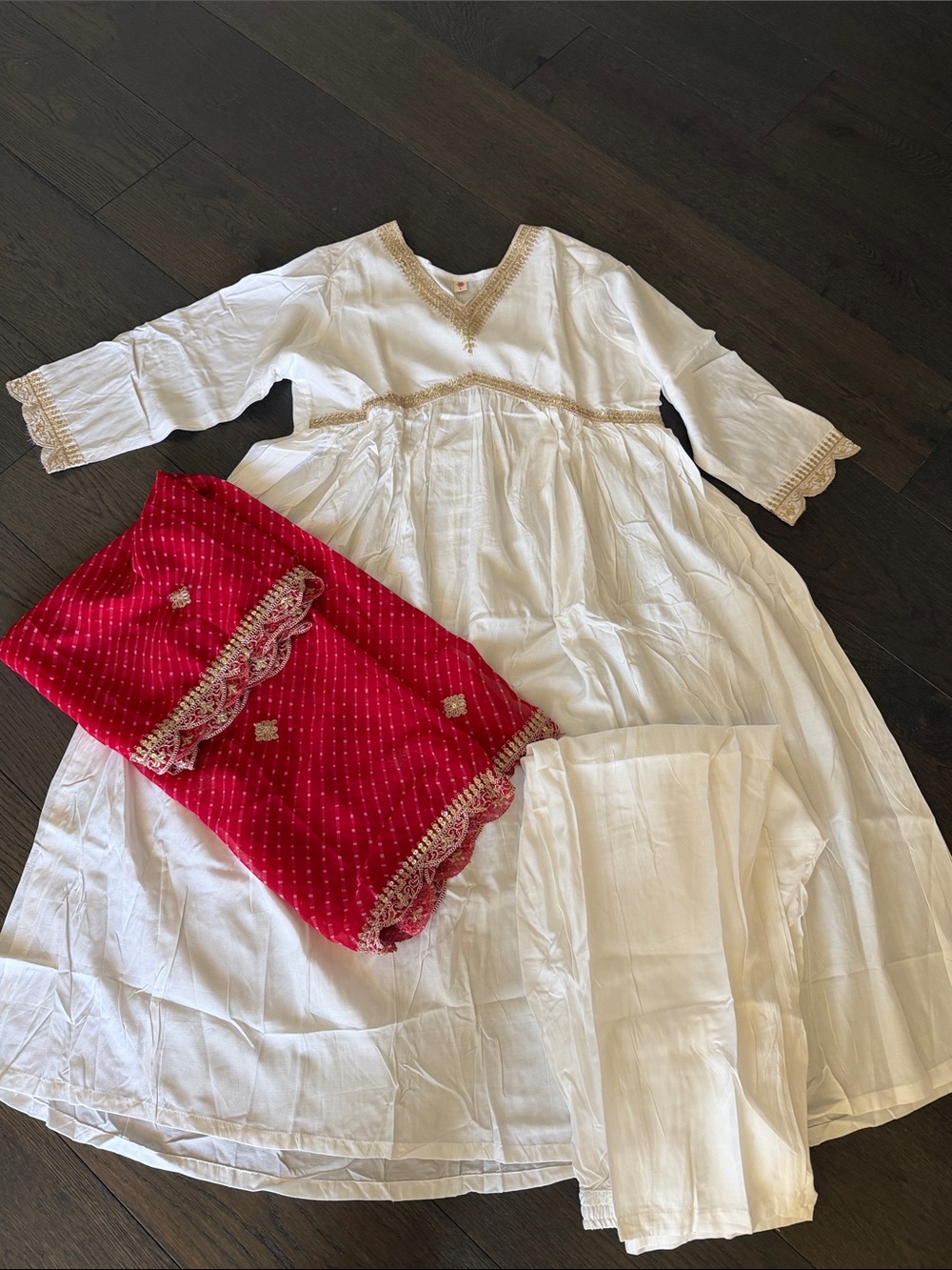 White & Red Traditional Dress with Gold Trim. Indian dress/suits.